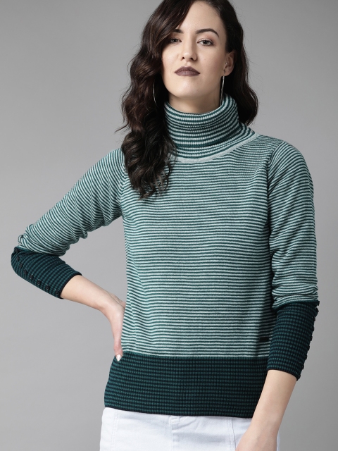 

Roadster Women Green & Grey Striped Pullover Sweater