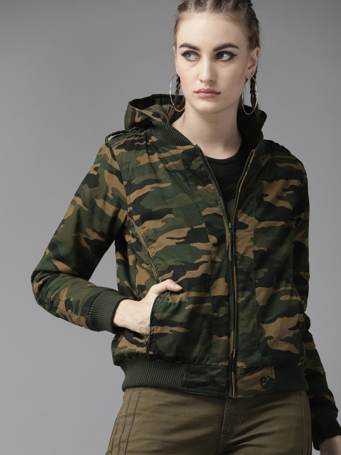 

Roadster Women Olive Green Camouflage Print Bomber Jacket