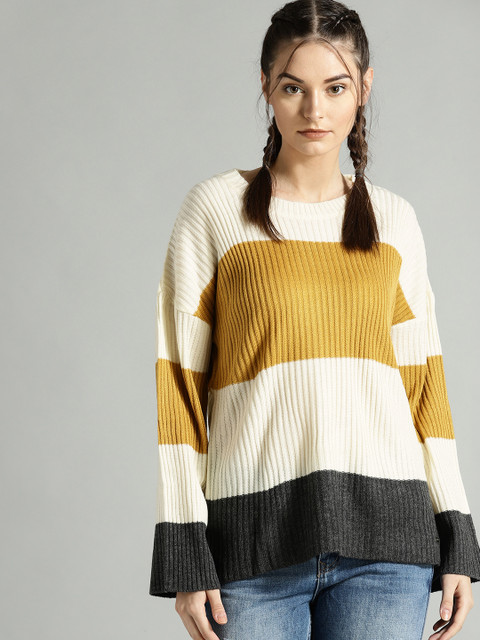 

Roadster Women Cream-Coloured & Mustard Yellow Colourblocked Sweater