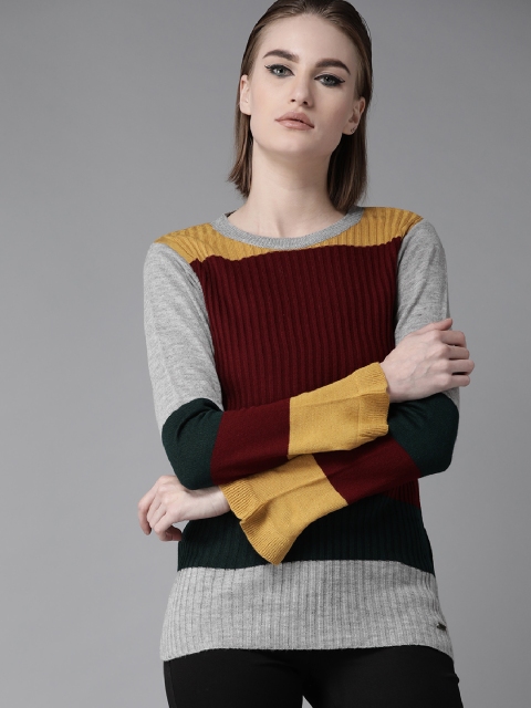 

Roadster Women Maroon & Green Colourblocked Pullover Sweater