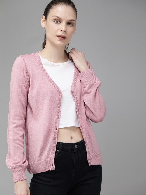 

Roadster Women Pink Solid Cardigan Sweater