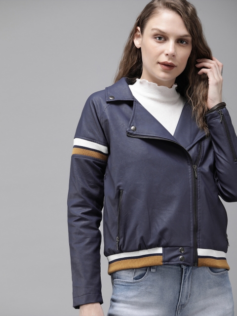 

Roadster Women Navy Blue Solid Biker Jacket