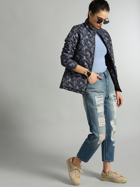 

Roadster Women Navy Blue Camouflage Print Padded Jacket