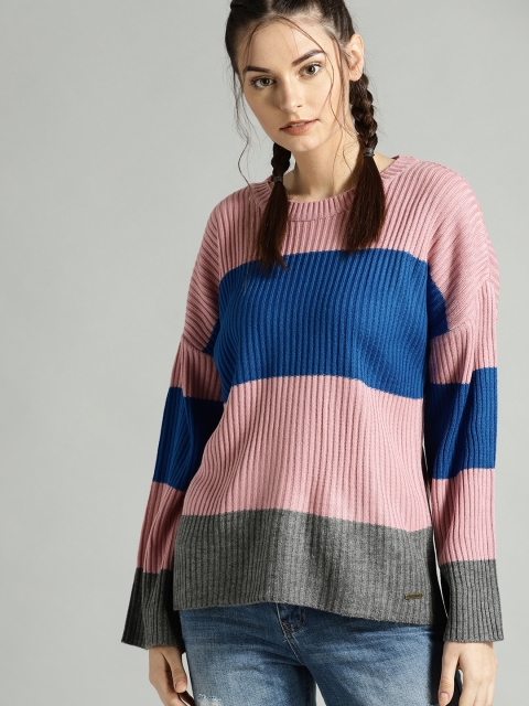 

Roadster Women Dusty Pink & Blue Colourblocked Sweater