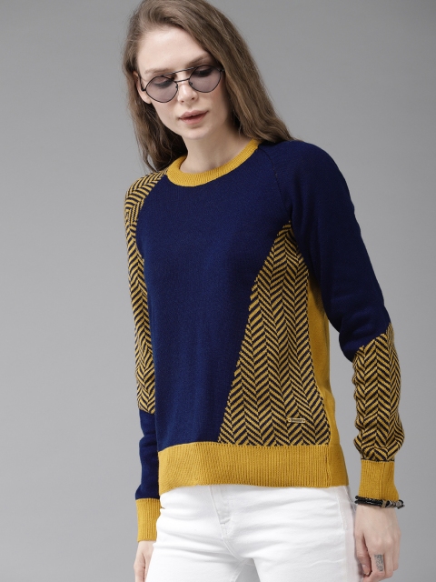 

Roadster Women Navy Blue & Mustard Yellow Colourblocked Sweater