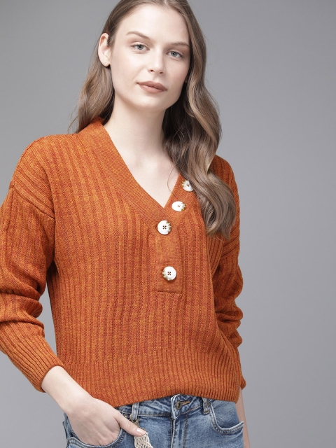 

Roadster Women Rust Orange Self Design Pullover Sweater