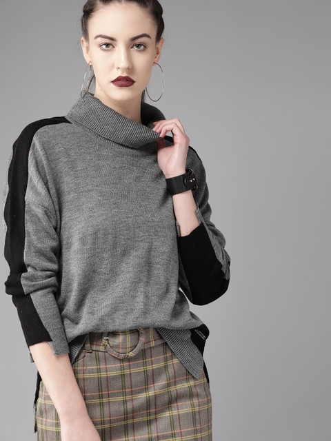

Roadster Women Charcoal Grey & Black Solid Pullover