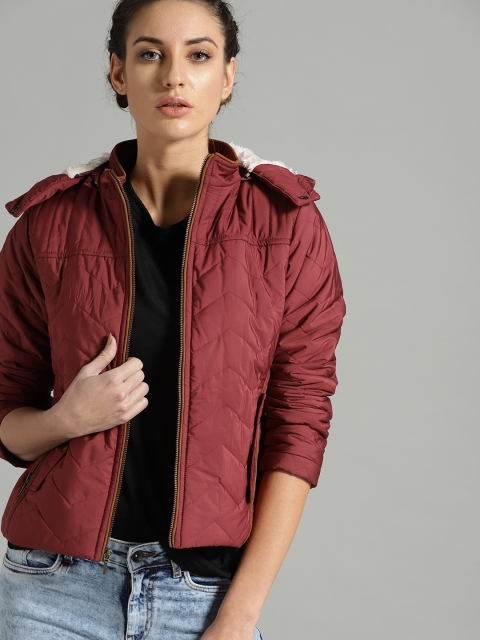

Roadster Women Maroon Solid Padded Jacket with Detachable Hood