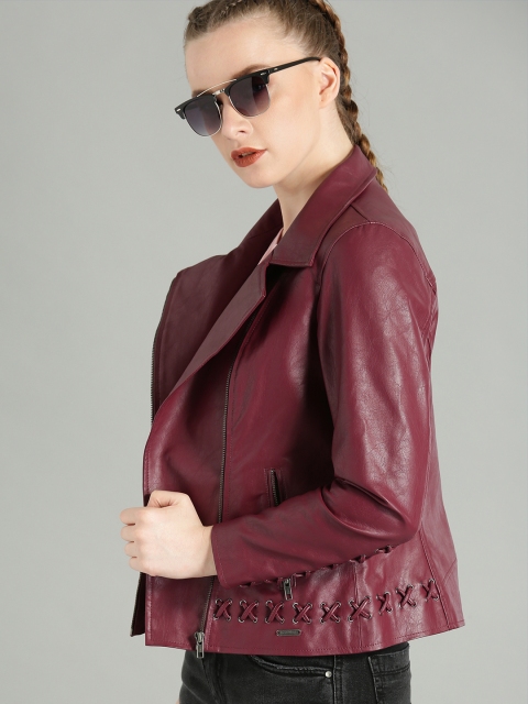 

Roadster Women Burgundy Solid Biker Jacket