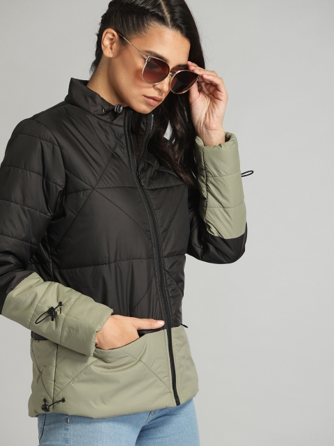 

Roadster Women Black & Grey Colourblocked Quilted Jacket