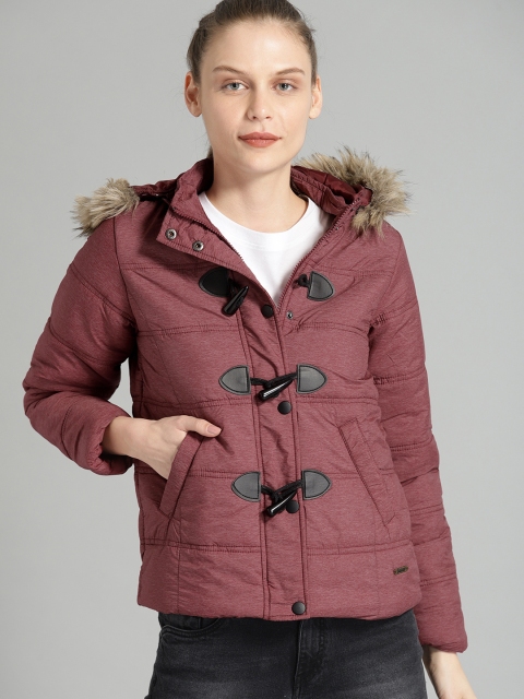 

Roadster Women Maroon Solid Detachable Hood Puffer Jacket