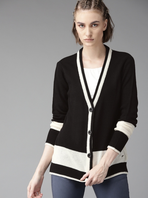 

Roadster Women Black & Off-White Colourblocked Cardigan