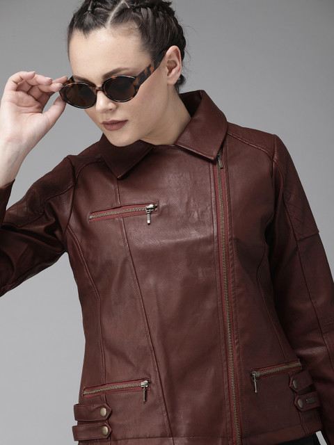 

The Roadster Lifestyle Co Women Brown Solid Biker Jacket