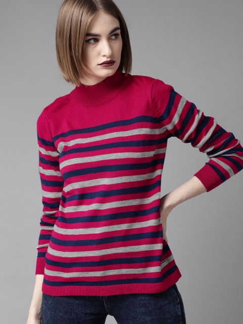 

Roadster Women Pink & Navy Blue Striped Pullover Sweater