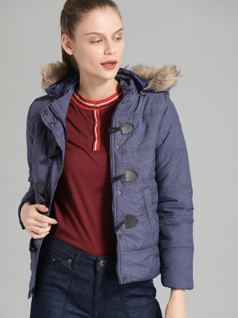 

Roadster Women Navy Blue Solid detachable Hood Puffer Jacket