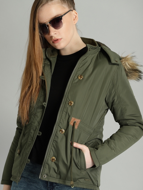 

Roadster Women Olive Green Solid Parka Jacket