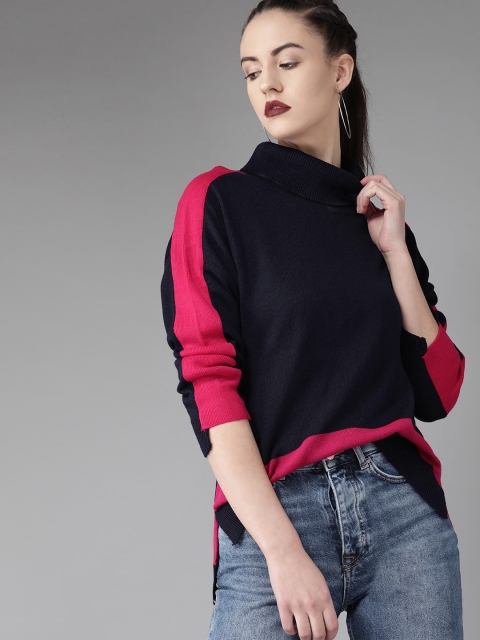 

Roadster Women Navy Blue & Pink Solid Pullover