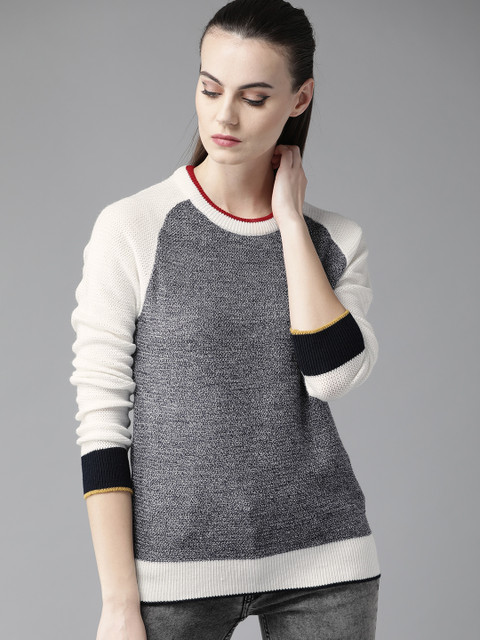 

Roadster Women Navy Blue & White Solid Sweater