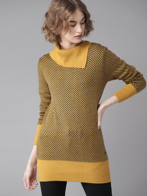 

Roadster Women Mustard Yellow & Black Striped Pullover Sweater