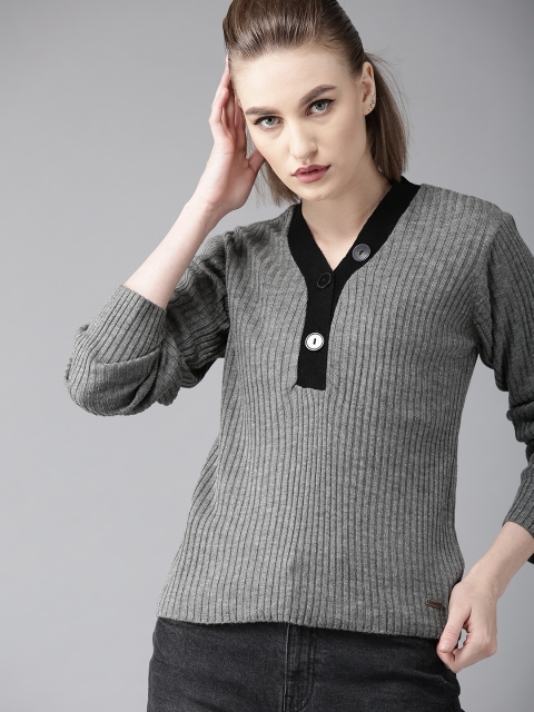 

Roadster Women Charcoal Grey Ribbed Pullover Sweater