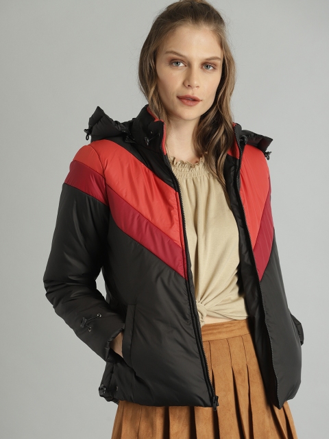 

Roadster Women Black & Red Colourblocked Padded Jacket