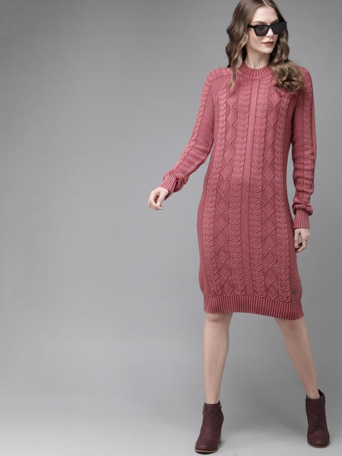 

Roadster Women Pink Self Design Knitted Sweater Dress