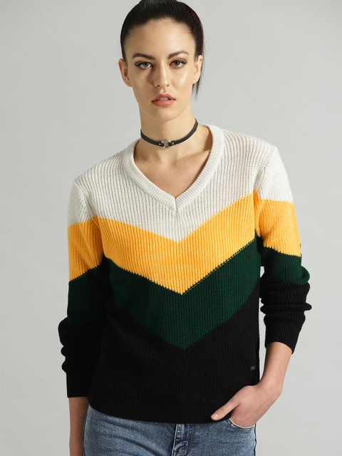 

Roadster Women Off-White & Mustard Yellow Colourblocked Sweater