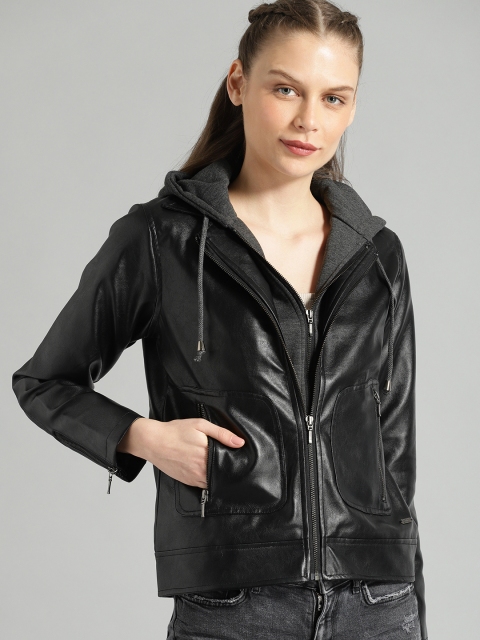 

The Roadster Lifestyle Co Women Black Solid Hooded Biker Jacket