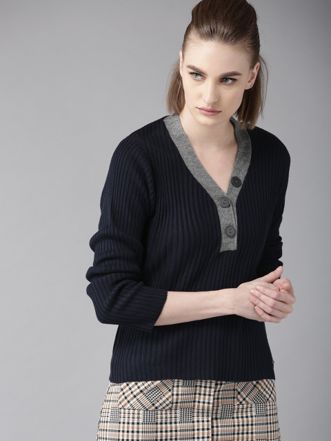 

Roadster Women Navy Blue Ribbed Pullover