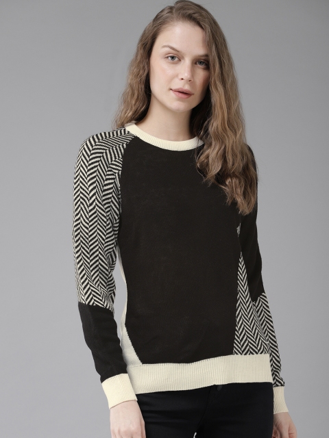 

The Roadster Lifestyle Co Women Black & Off-White Colourblocked Sweater