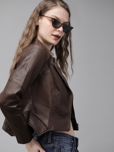 

The Roadster Lifestyle Co Women Brown Self Design Biker Jacket