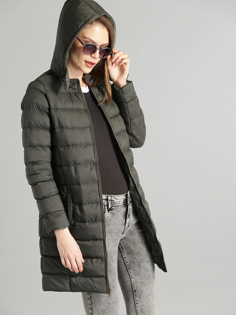 

Roadster Women Olive Green Solid Puffer Jacket