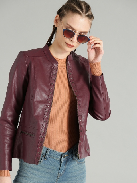 

Roadster Women Burgundy Solid Biker Jacket