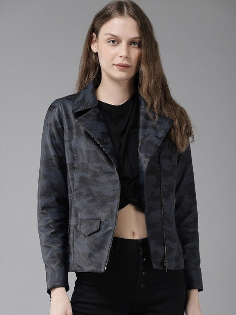 

Roadster Women Navy Blue camouflage Printed Jacket