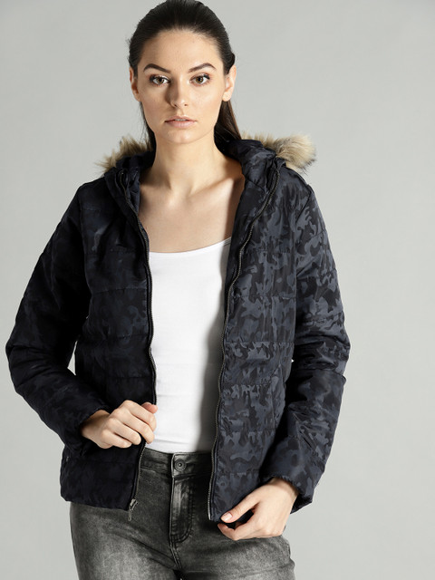 

Roadster Women Navy Blue Camouflage Print Padded Parka Jacket