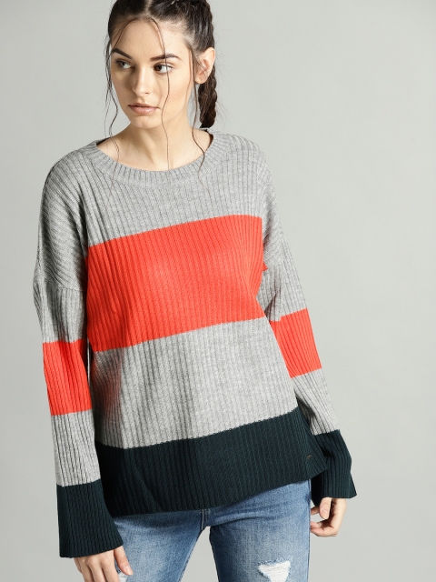 

Roadster Women Grey Melange & Orange Colourblocked Sweater