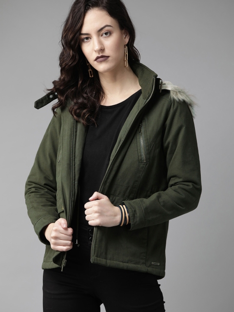 

Roadster Women Olive Green Solid Parka Jacket