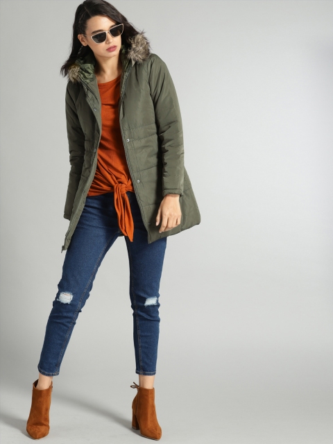 

Roadster Women Olive Green Solid Puffer Jacket