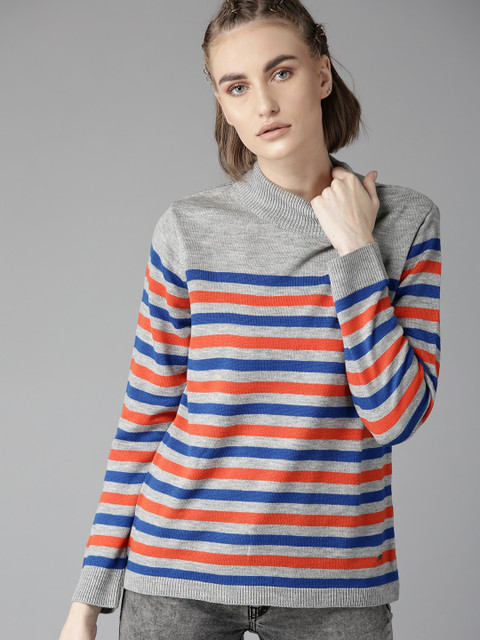

Roadster Women Grey & Orange Striped Sweater, Grey melange