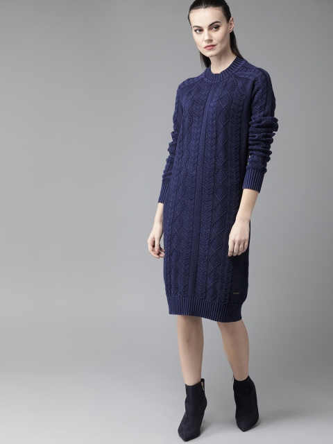 

Roadster Women Navy Blue Self Design Sweater Dress