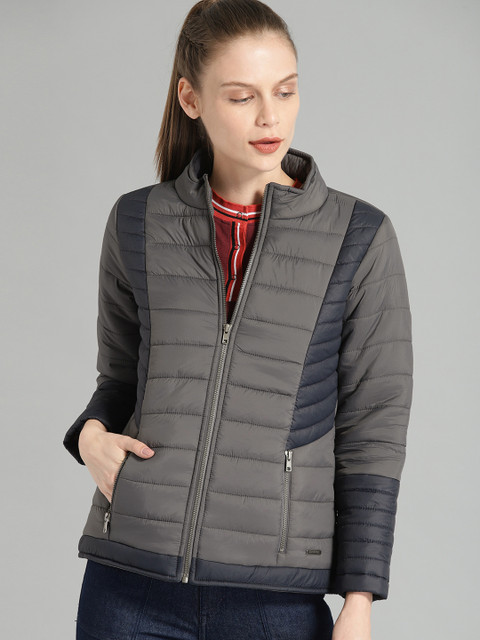 

The Roadster Lifestyle Co Women Charcoal Grey & Navy Blue Colourblocked Parka Jacket