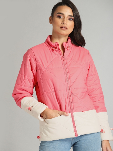 

Roadster Women Pink and Cream-Coloured Colourblocked Quilted Jacket