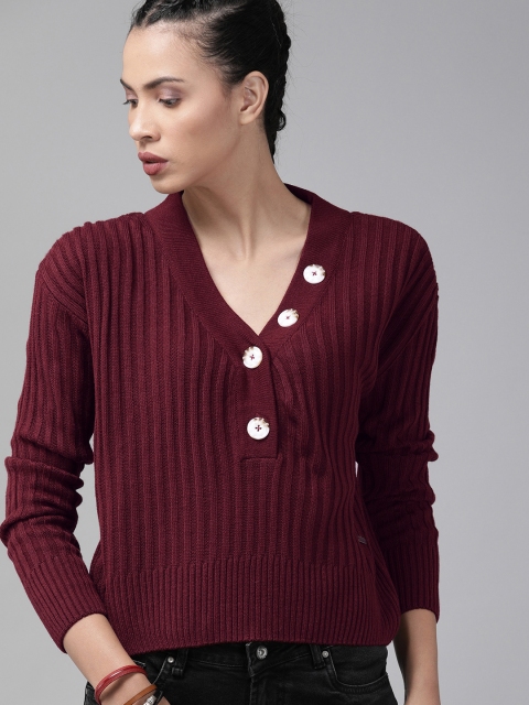 

The Roadster Lifestyle Co Women Maroon Solid Ribbed Sweater