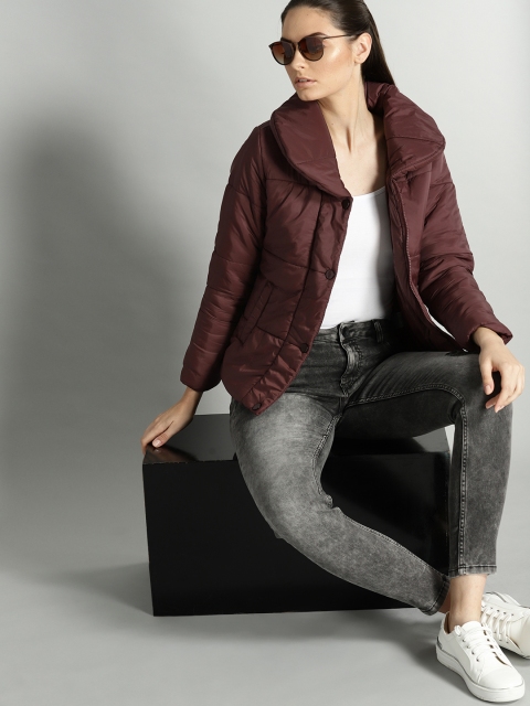 

Roadster Women Burgundy Solid Padded Jacket