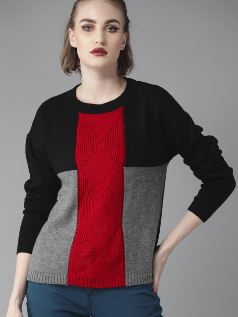 

Roadster Women Black & Red Colourblocked Pullover Sweater