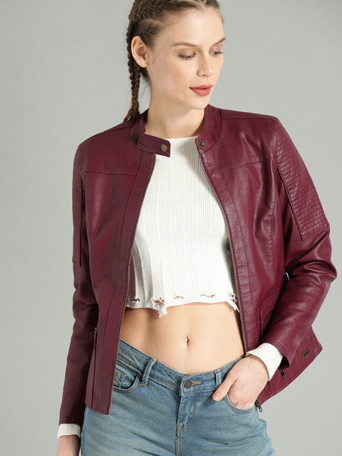 

Roadster Women Burgundy Solid Biker Jacket