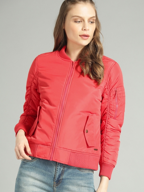 

Roadster Women Coral Pink Solid Bomber Jacket