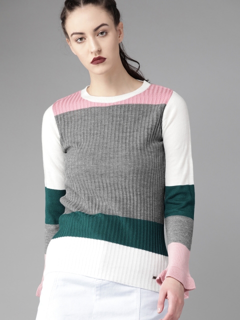

Roadster Women Charcoal Grey & White Colourblocked Sweater