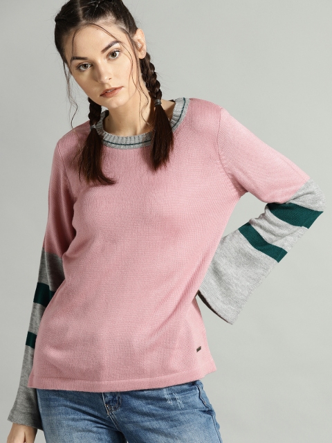 

Roadster Women Dusty Pink & Grey Melange Solid Sweater