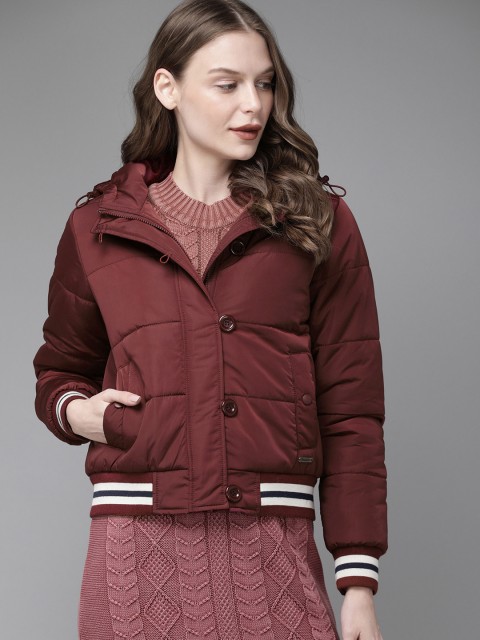 

Roadster Women Burgundy Solid Hooded Bomber Jacket